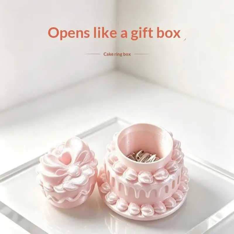 Pink Pearlescent Cake-Shaped Jewelry Storage Box Mini Cute Trinket Organizer for Proposal Vanity Short Travel Use