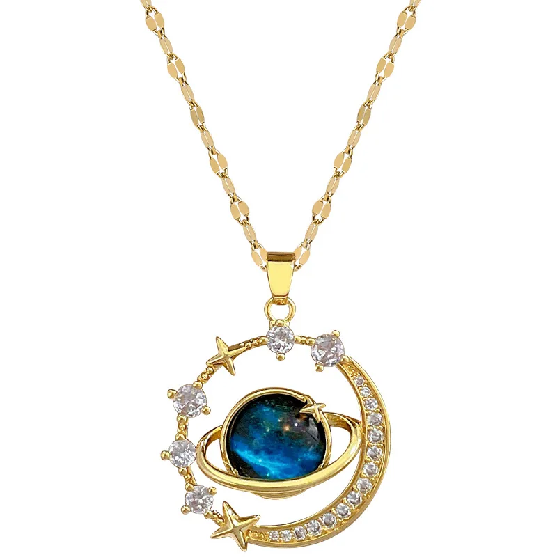 Exquisite Starry Sky Planet Light Luxurious Temperament Gorgeous Necklace Stars and Moon Versatile Stainless Steel Clavicle Chai