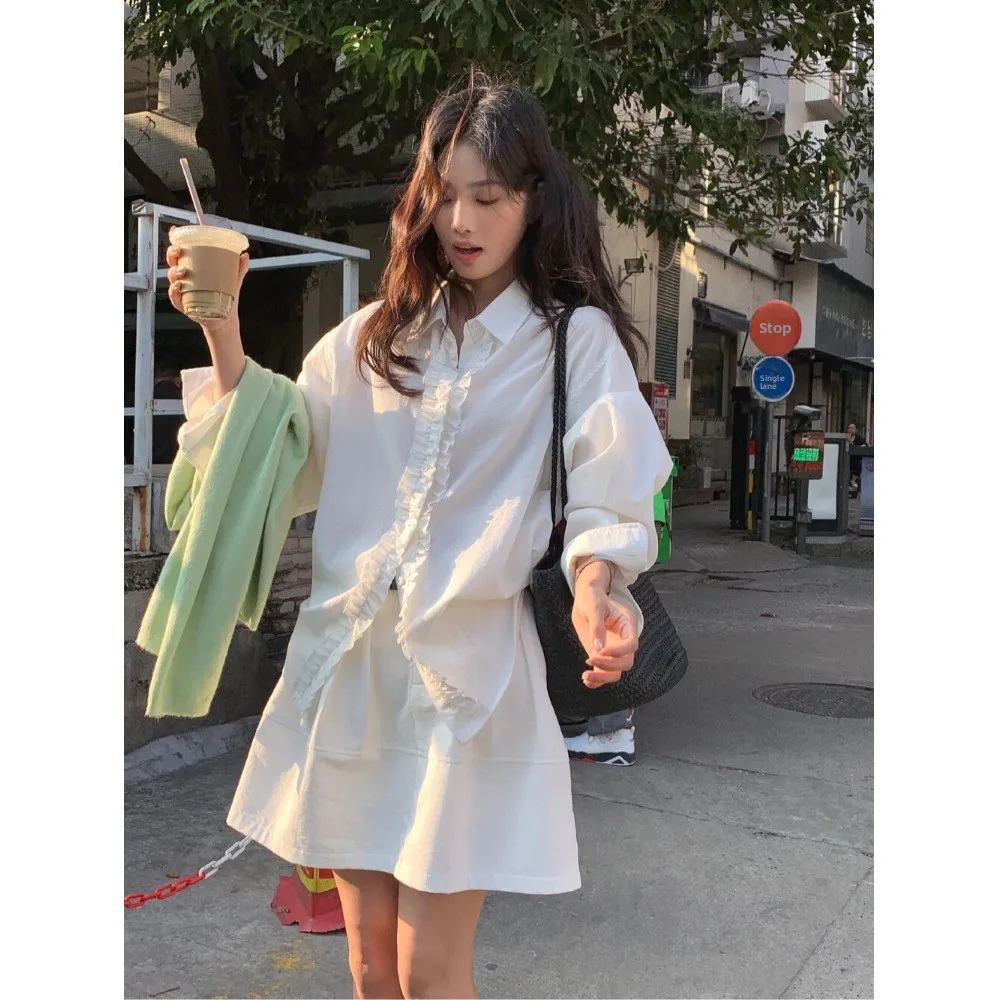 

Весна 2026: Женская хлопково-льняная блузка с волнистым краем, свободного кроя, универсальная, стройнящая, с длинным рукавом, модная повседневная одежда