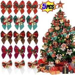 5/1Pcs Christmas Bows with Bells Mini Christmas Bowknot DIY Craft Gift Ornaments Xmas Tree Hanging Decor New Year Home Decor