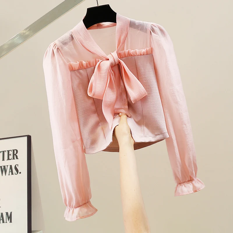 

Korean Sle Soft Chiffon Splice Long Sve V-Ne Women's irt Loose Slimming Base Layer Top Spring Faion Sweet Sle