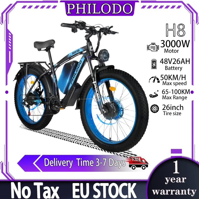 PHILODO H8 E-Bike 3000W Doppelmotor 48V 26Ah Akku Hydraulische Bremse Elektrofahrrad Schnee 26 Zoll Fat Tire Erwachsenen-Mountainbike Offroad E-Bike