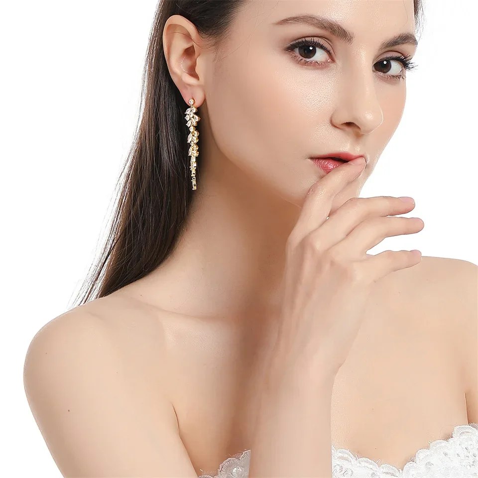 ZAKOL Fashion Zirconia Leaf Long Dangle Earrings For Women White Leaves Drop Earring Bridal Wedding Jewelry Gifts