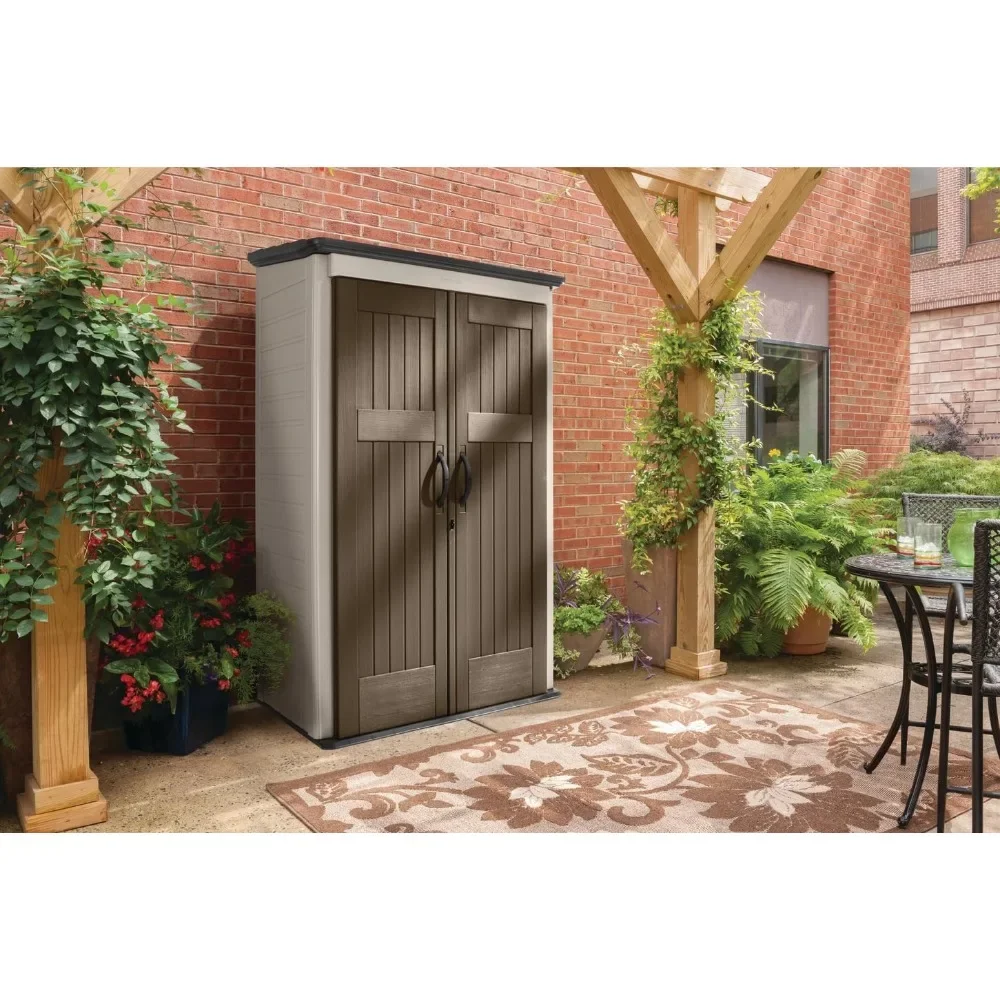 Vertical Resin Outdoor Storage Shed, Resistente às intempéries, Marrom, Organização para Casa, Quintal, Ferramentas de jardim, Piso, 4x2,5 pés