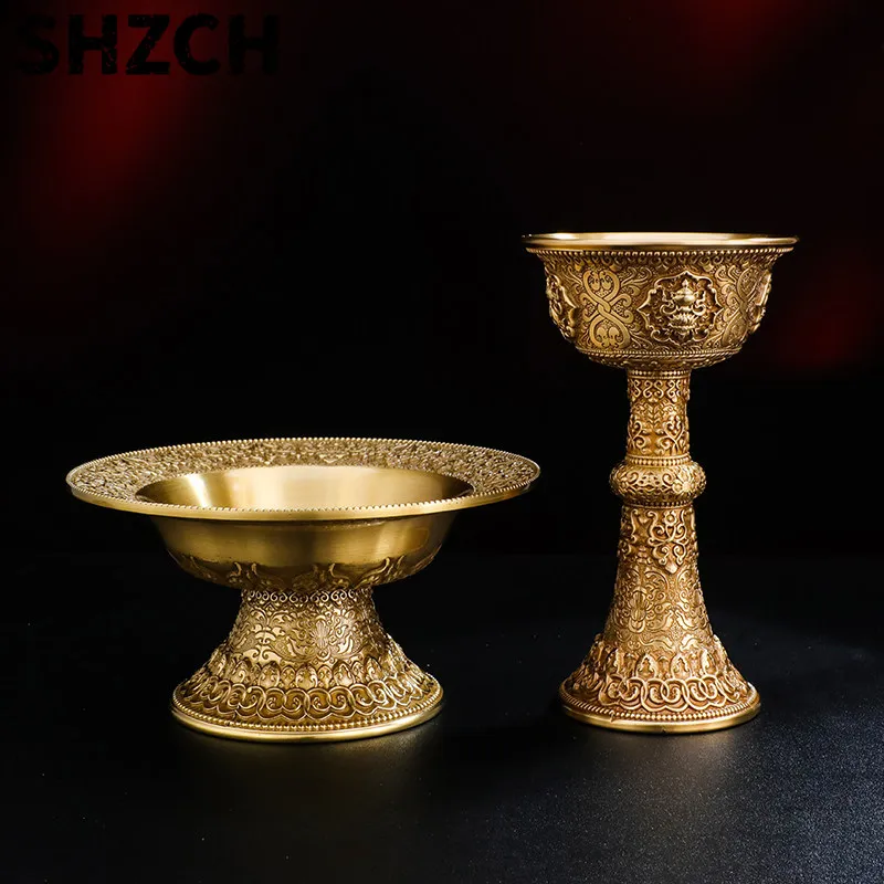 Brass Dharma Cup with Carved Pattern, Ritual Vessel for Altar & Zen Space, Buddhist Altar Ware, Creative Home Decor Accent