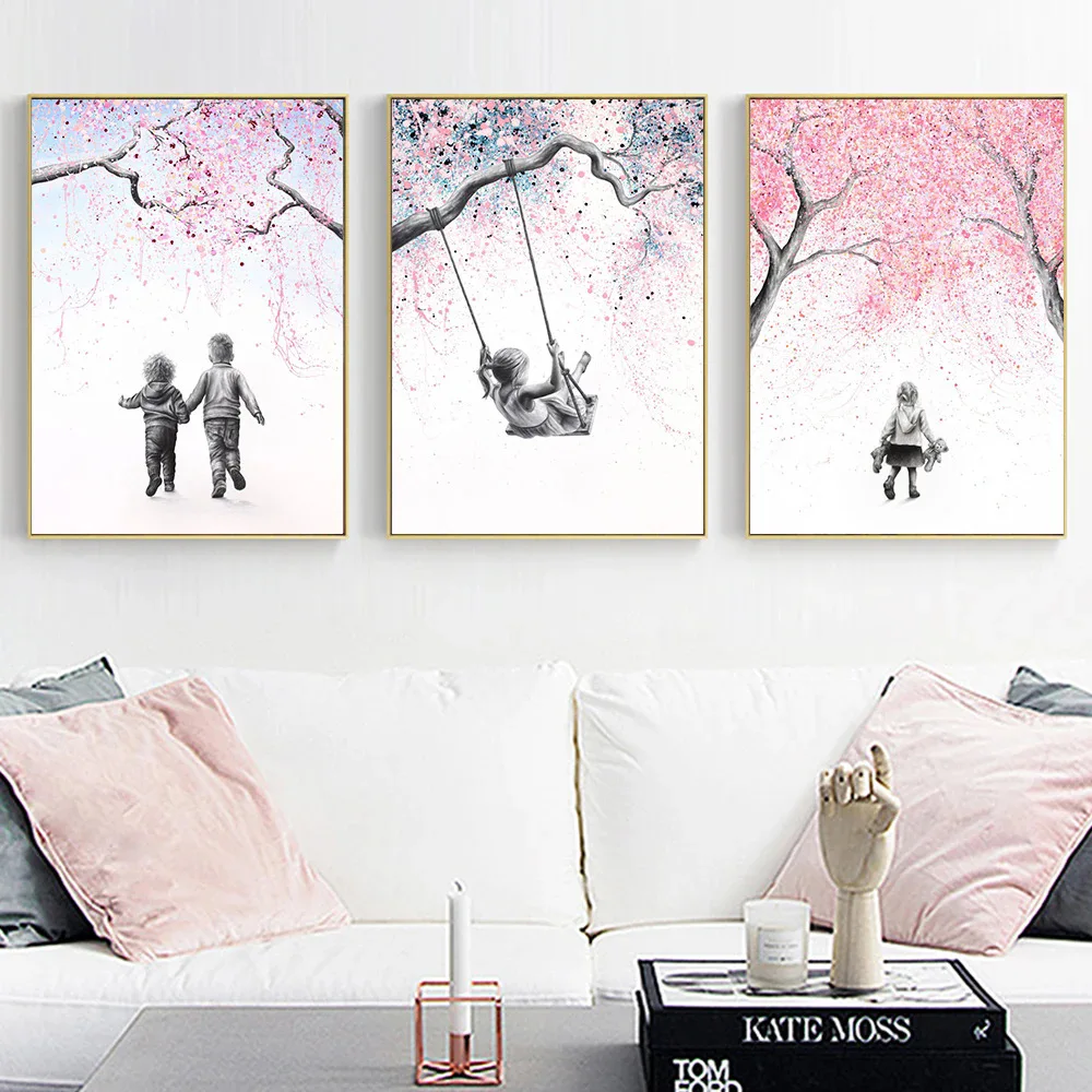 

Little fresh warm dream with wind pink leaves swinging little girl airbrush canvas painting