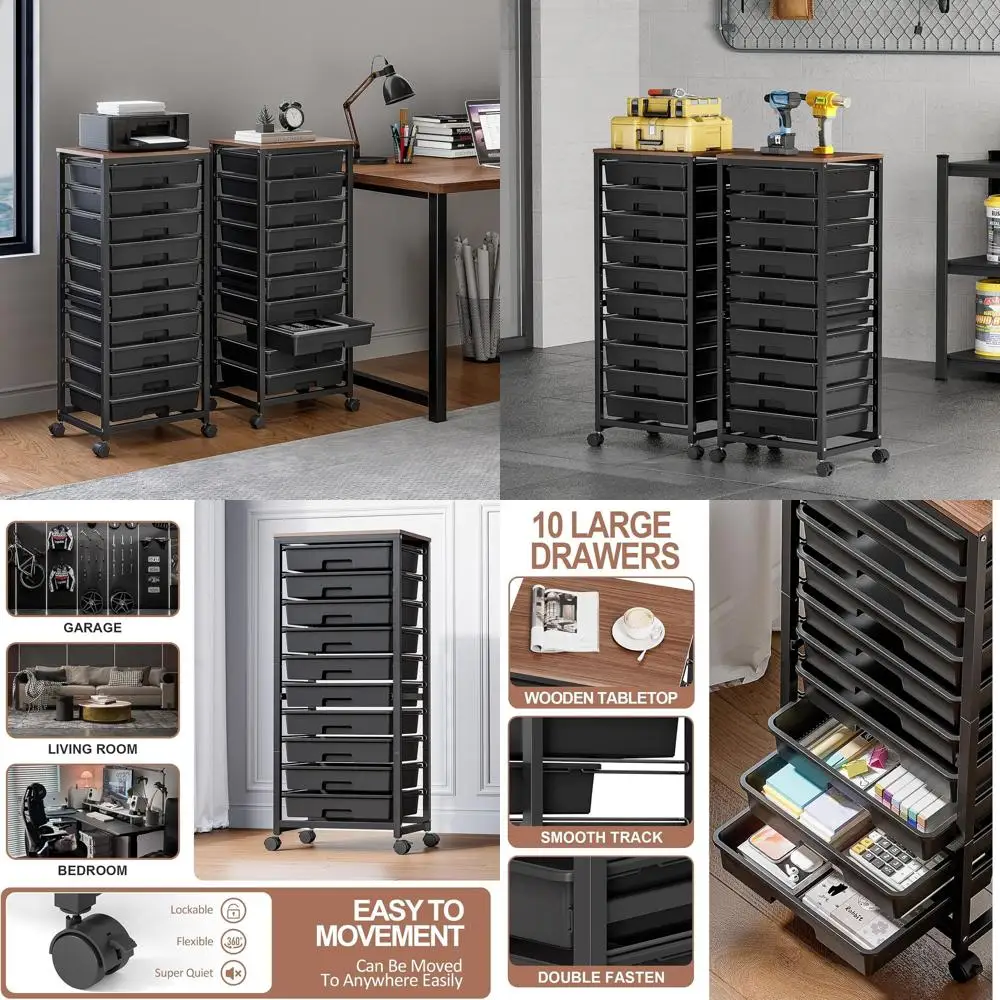 

10-Drawer Black Rolling Storage Cart with Wooden Top for Classroom and Craft Organization