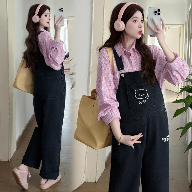 2025 Spring New Printed Casual Cute Black Denim Overalls Shirt Suit for Pregnant Women Fashion Sweet Maternity Jumpsuits Blouse