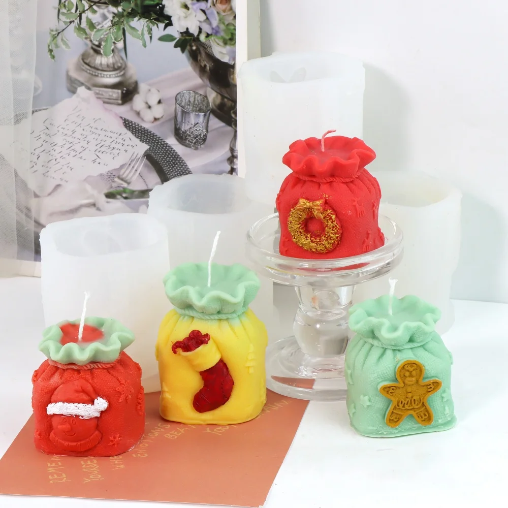 3D Weihnachten Glückstüte Silikon Kerzenform Niedliche Elch Glückstüte Seifenform für die Herstellung von DIY Aromatherapie Kerzen Kunstdekoration