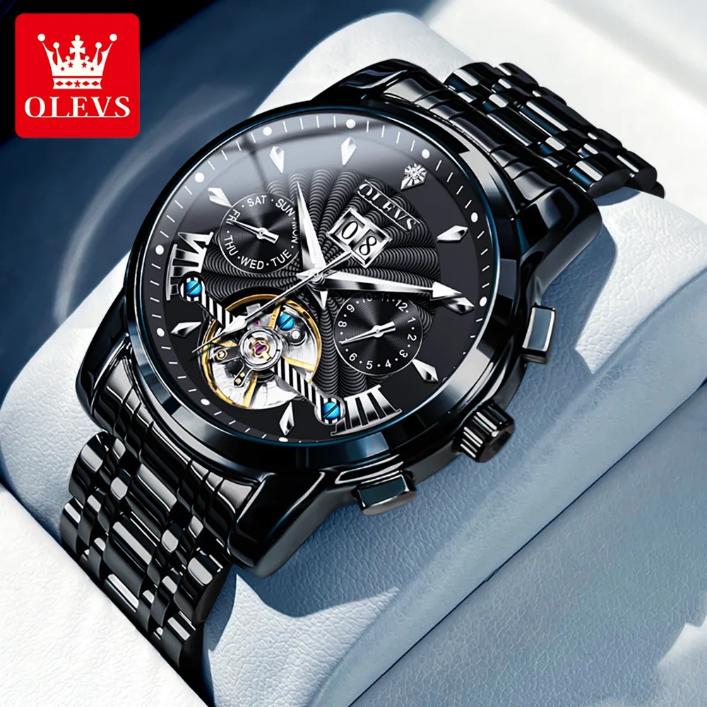 

OLEVS брендовые оригинальные роскошные механические часы с турбийоном, мужские водонепроницаемые часы из нержавеющей стали со светящимся календарем, модные мужские часы
