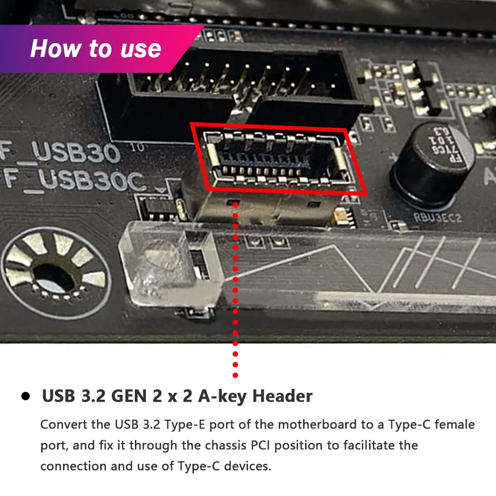 Adapter USB-C 20Gb USB 3.2 Gen 2x2 do panelu przedniego, przedłużacz złącza płyty głównej, kabel USB-C do USB3.2 Type-E Key-A 20-Pin — zdjęcie produktu 6