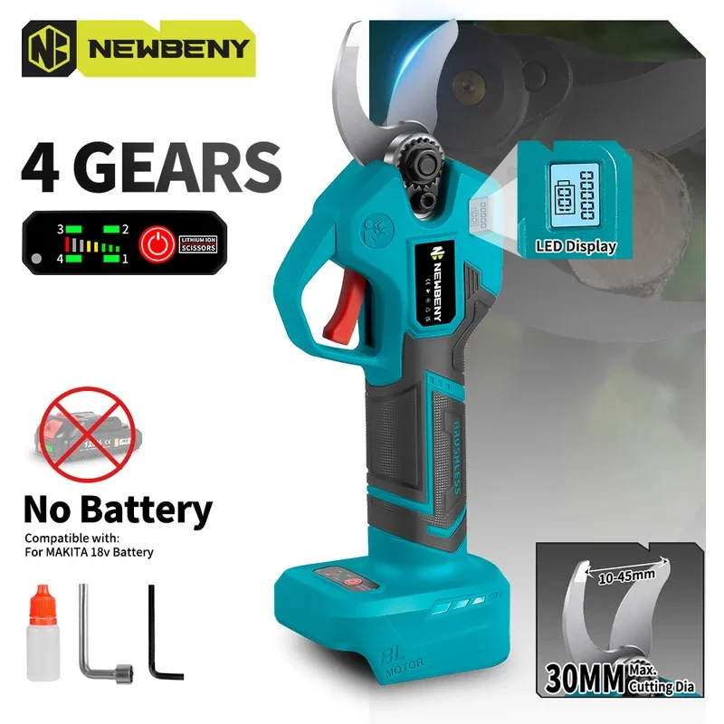 NEWBENY 1800W Brushless Pruner 4 Gears Cordless Handheld Shrub Tree Scissors Garden Cutting 18V Battery