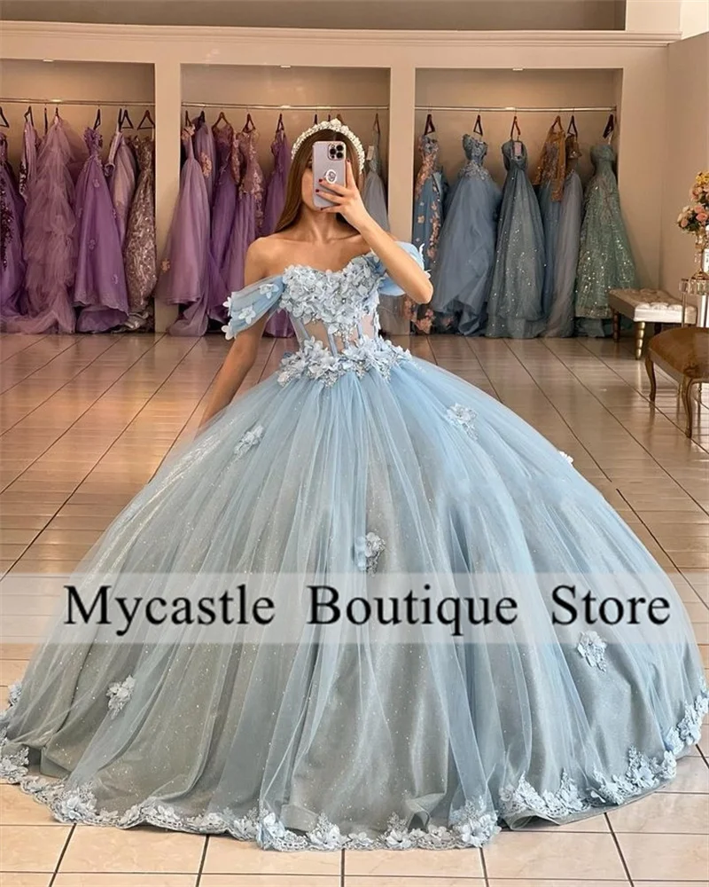 Vestido De baile azul para quinceañera, traje con hombros descubiertos, apliques De encaje, corsé dulce 16, 2023