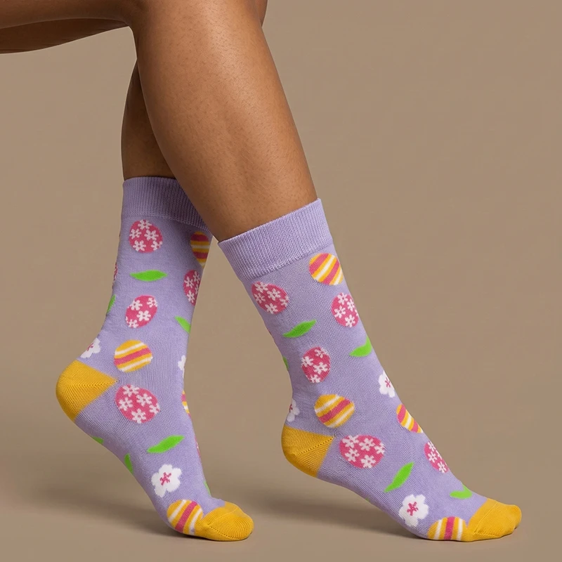 1 Pair of Unisex Socks with Light Purple Background, Easter Egg and Floral Patterns, Yellow Contrast Heel and Toe, Polyester, Breathable, Fun, Mid-Calf Socks, Suitable for Everyday Wear