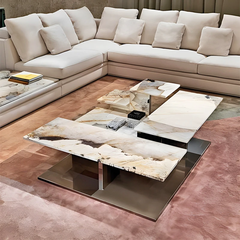 #￥MR Natural Pandora Luxury Stone Coffee Table Irregular Shaped High-Grade Stainless Steel Living Room Tea Table Home Furniture