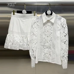 VGH Solid Embroidery Two Piece Sets For Women Lapel Long Sleeve Tops High Waist A Line Skirts Hollow Out Slimming Set Female New