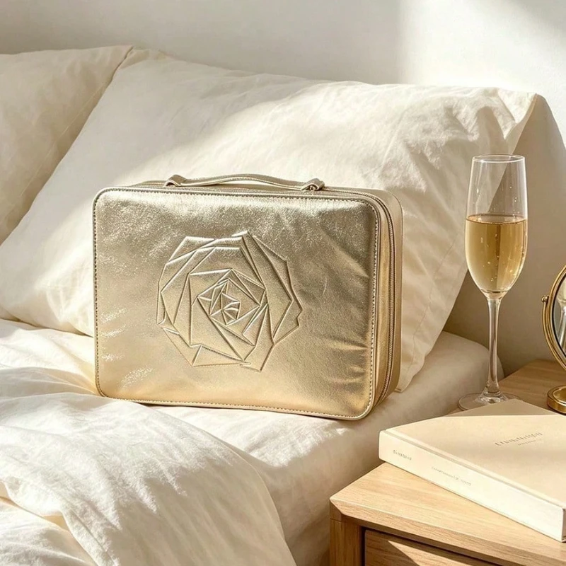 Lancome Metallic Gold Embossed Rose Cosmetic Bag Large Capacity Travel Makeup Storage Bag For Daily Outing Birthday Holiday Gift