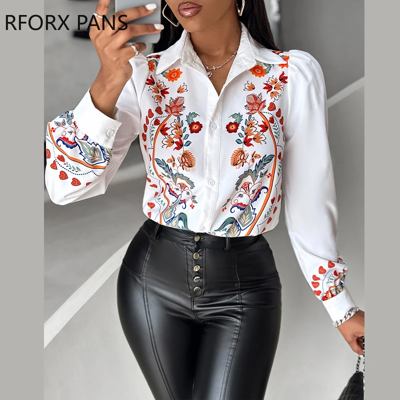 2024 Women Chic Allover Print Turn Down Collar Long Sleeves Button Casual Blouses Tops