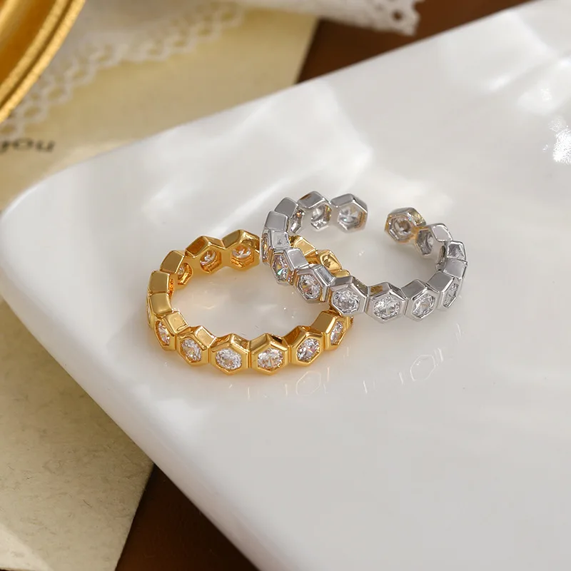 

Hexagon Zircon Ring 14K Gold Plated Korean Minimalist Index Finger Jewelry Adjustable Opener Statement Piece Ins Trendy