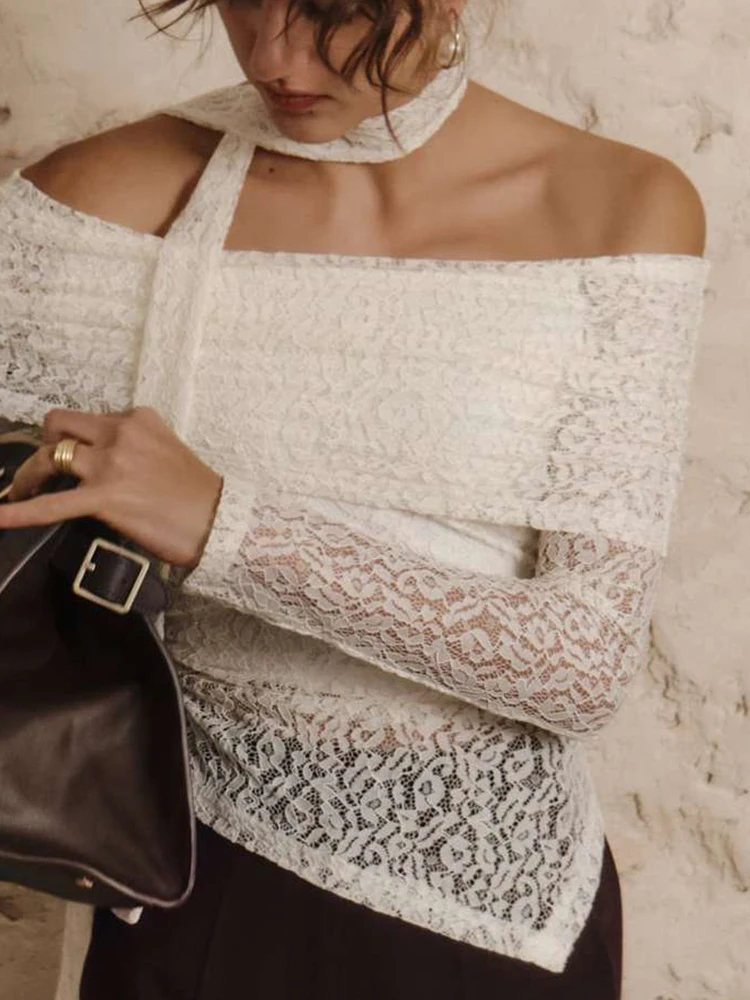 

Sexy Perspective Long Sleeved Tight Women T-shirt Casual Solid Irregular Club Blouses 2025 Autumn Lace Off Shoulder Slim Fit Top