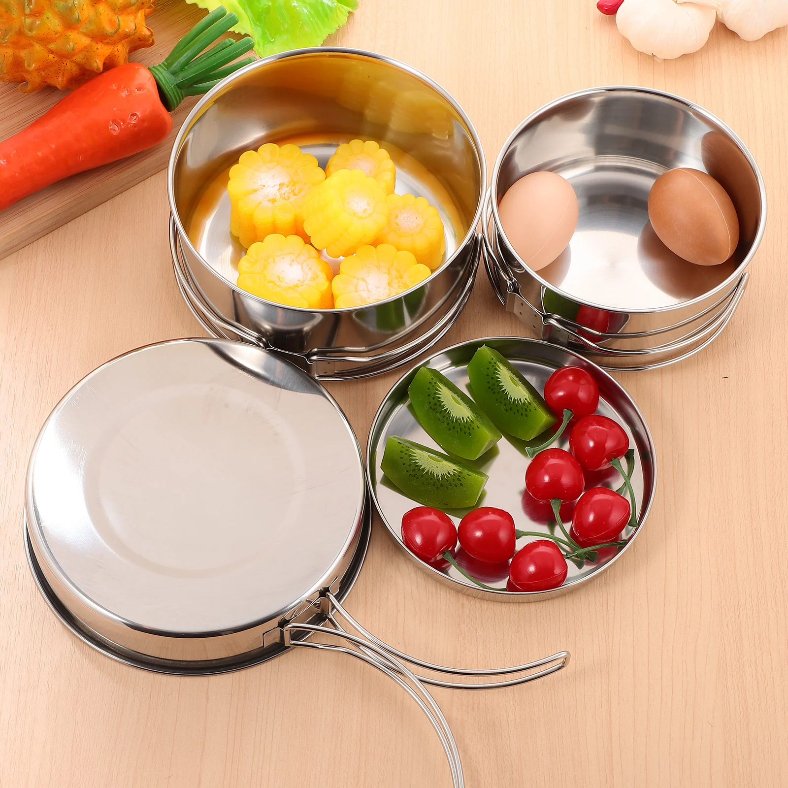 

4pcs /Set Stainless Steel Camping Cookware Set Non-Stick Outdoor Pot Pan Stackable Foldable Easy To Clean For Picnic Hiking