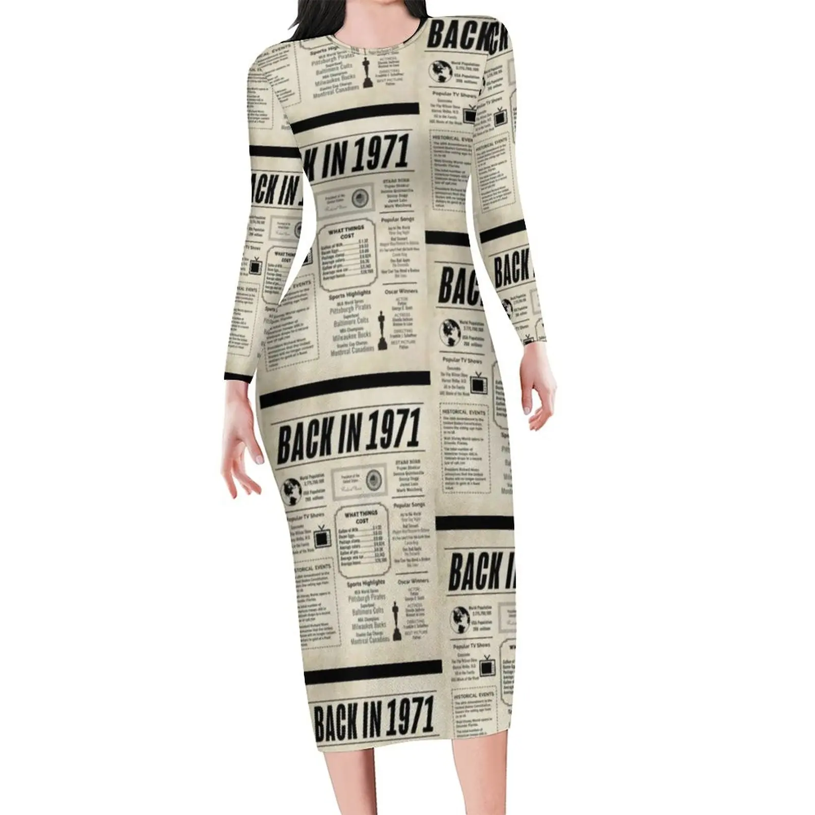 Newspaper Print Dress Long Sleeve 1971 Story Events Fashion Dresses Spring Retro Bodycon Dress Women Design Oversized Vestido