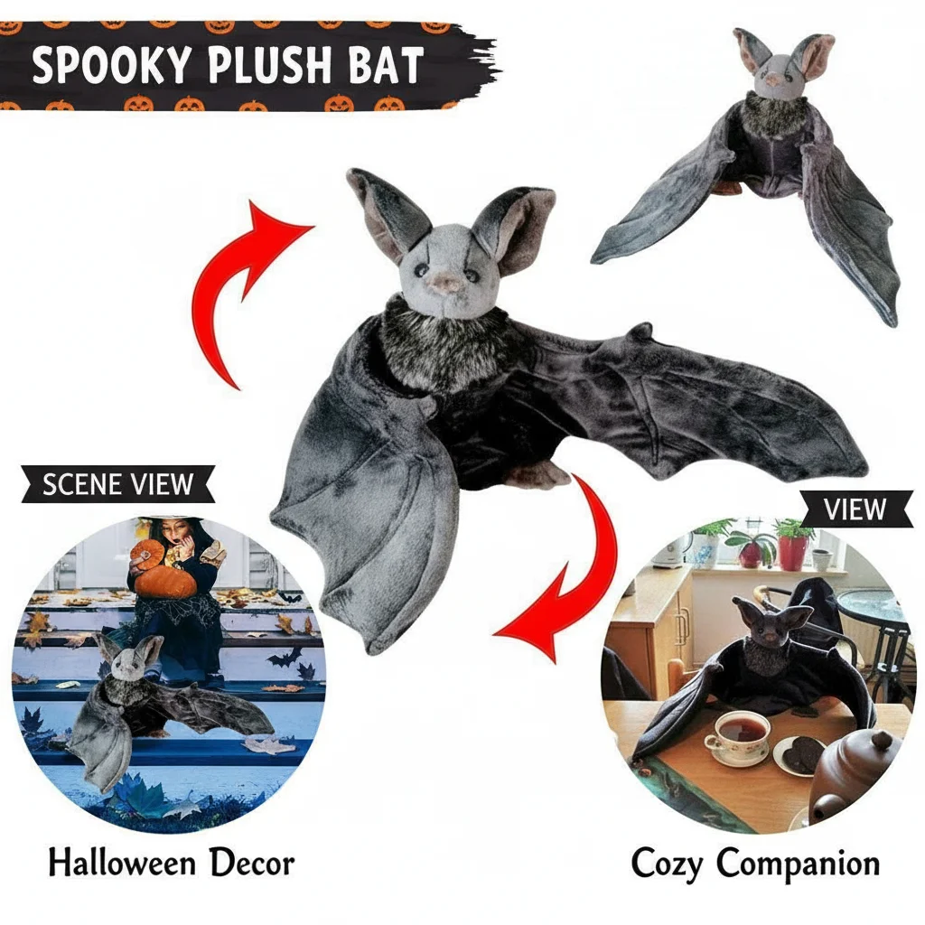Lebensechte Fledermaus-Plüschpuppe, Realistisches Faltbares Flügelkissen, Kawaii Halloween- und Weihnachtsdekoration, Weiches Sitzkissen für Heimdekoration