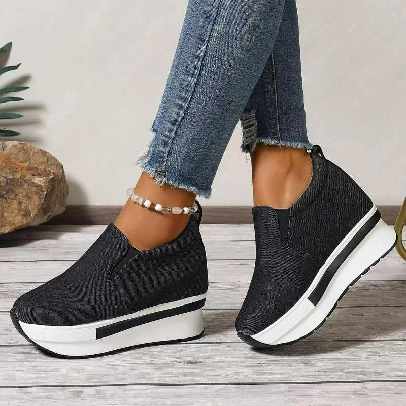 

Wedges Women Shoes Platform Sneakers Height Increasing Casual Shoes Denim Canvas Shoes Women Lightweight Slip on Vulcanized Shoe