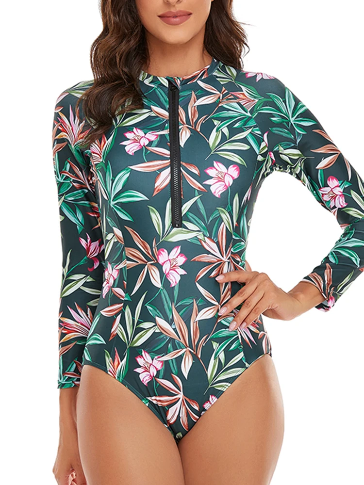 Half Zipper Surfing Swimsuit One Piece Long Sleeve Bathing Suit Women Printed Plus Size Swimwear Women Rashguard Diving XXL