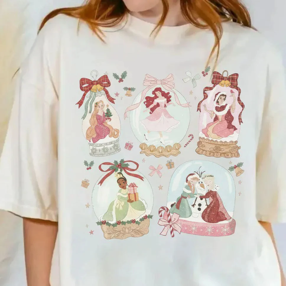 Colores cómodos ® Camisa navideña del globo de la princesa de Disney, camiseta ligera navideña de Disney Belle Ariel Tiana Elsa Rapunzel,