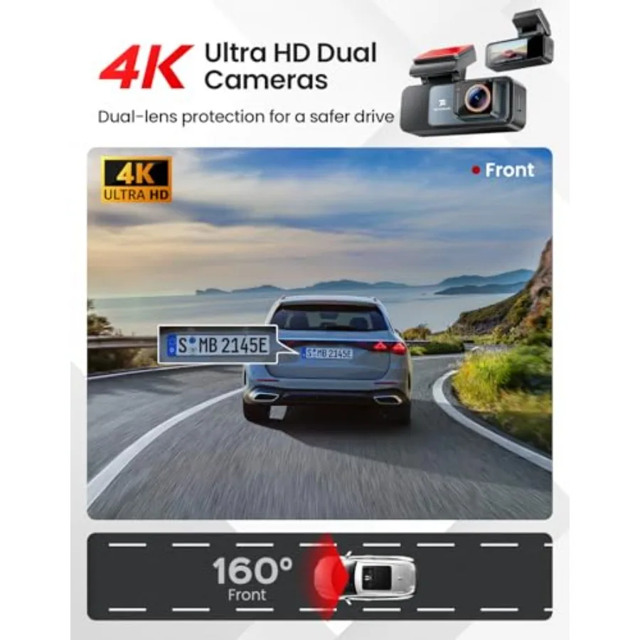 TECXLERON Dash Cam, 4K Full HD Dash Camera for Cars, Built-in GPS and Wi-Fi, 64GB SD Card Included, 160° Wide Angle Lens, Night