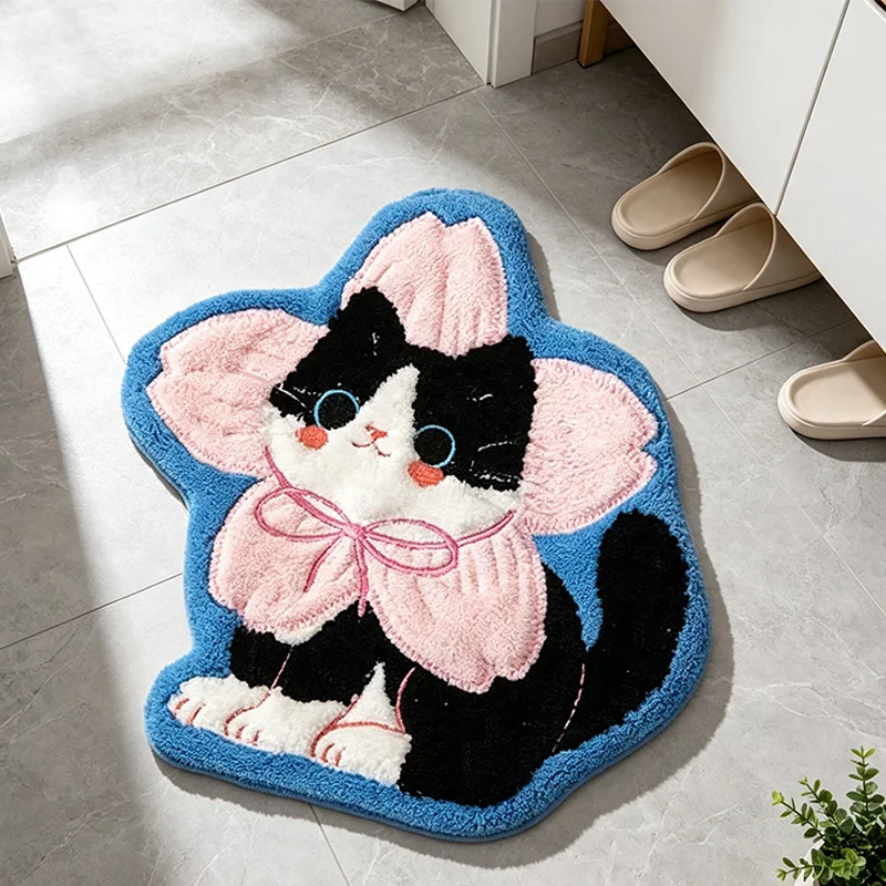 VIKAMA Flower Bow Tie Cat Shaped Plush Bath Mat Non Slip Absorbent Cartoon Animal Bedroom Bathroom Floor Rug
