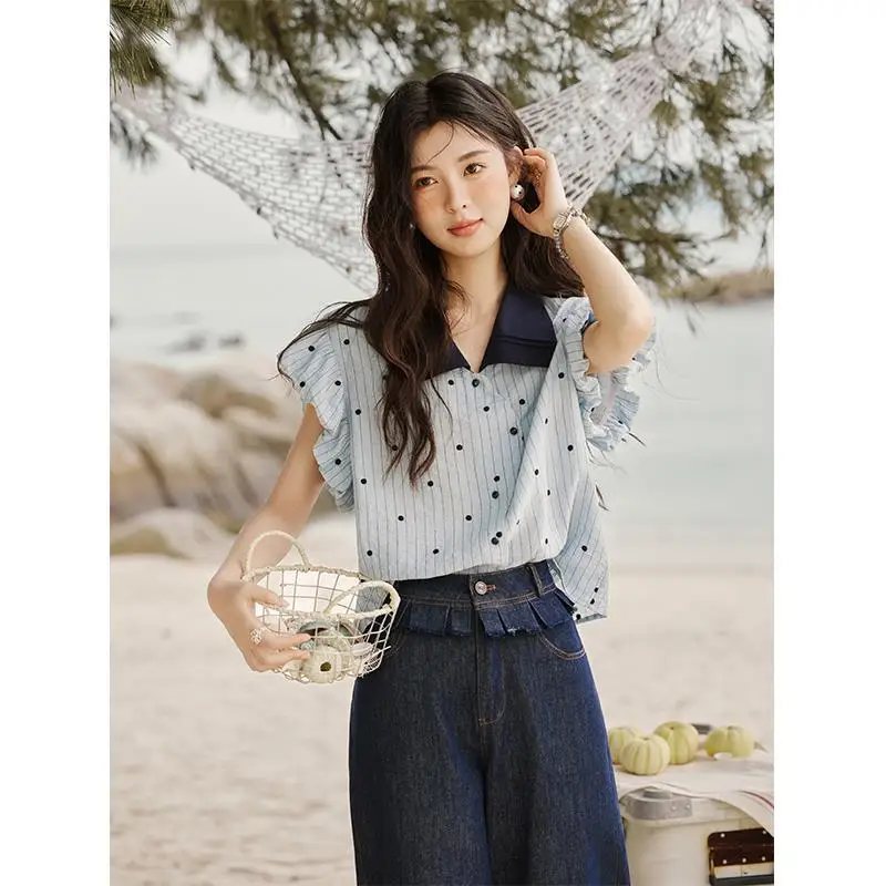 Camicetta a maniche corte a pois da donna Nuovo top snellente stile estivo con design unico ed eleganza francese