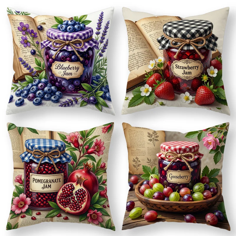 Rustic Farmhouse Printed Pillow Covers Set of 4 Berry Jam Pattern Cottagecore Throw Shams Blueberry Strawberry Pomegranate Polye