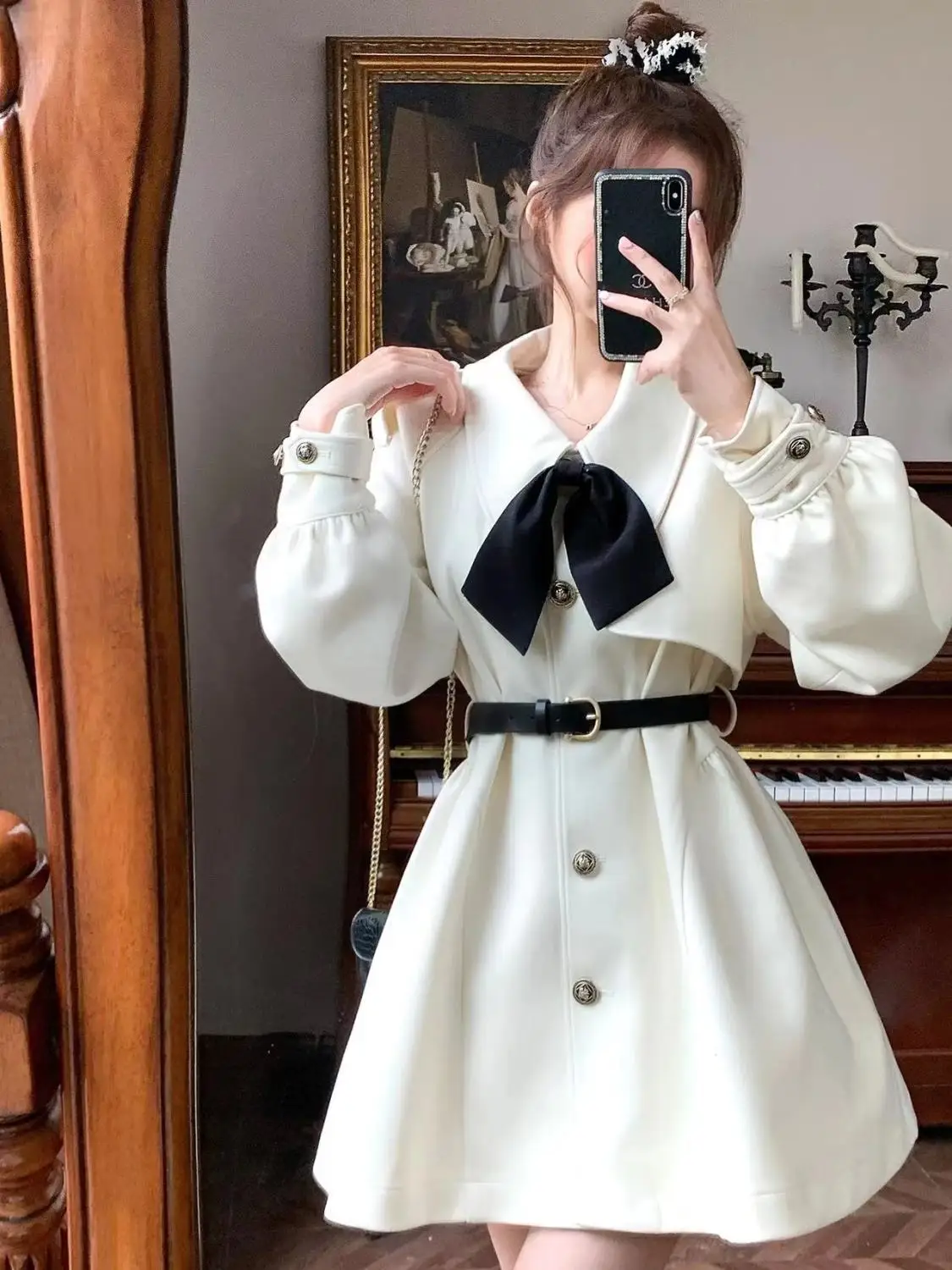 Korea Woolen Coat Korean Fashion Cape Coats For Women Winter New Kawaii Bow Doll Collar White Elegant Woolen Coat