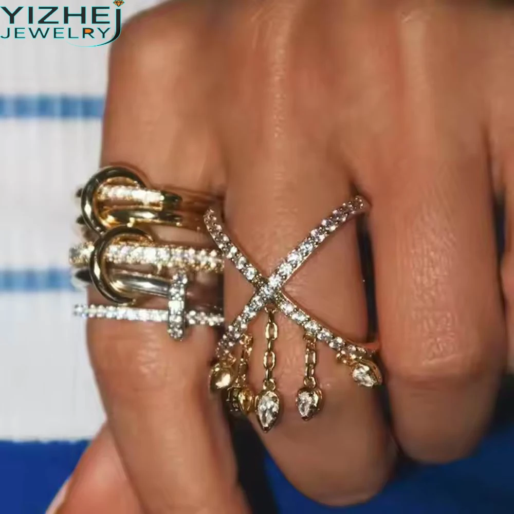 Luxury Cross X Shape Ring For Women Gold Plated Paved Cubic Zirconia Teardrop Tassel Ring Wedding Party Finger Jewelry Gift