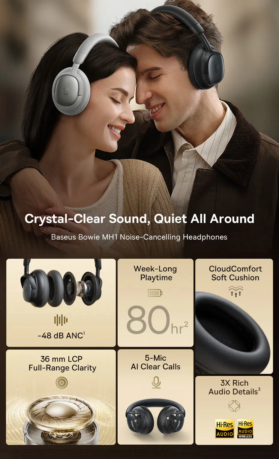Tai nghe Bluetooth chụp tai Baseus Bowie MH1 ANC Hi-Res Audio chính hãng