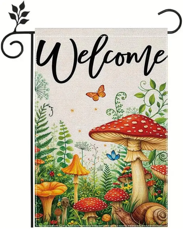 12x18 Inch Garden Flag, Welcome Enchanted Forest with Colorful Mushrooms, Butterflies & Snail, Whimsical Outdoor Yard De MMZ