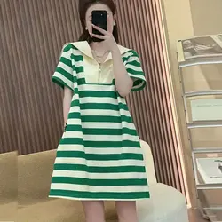 Women's Hooded Short Sleeve A-line Skirt, Elegant Casual Loose Temperament Dress, Simplicity Striped Clothes, Summer Fashion