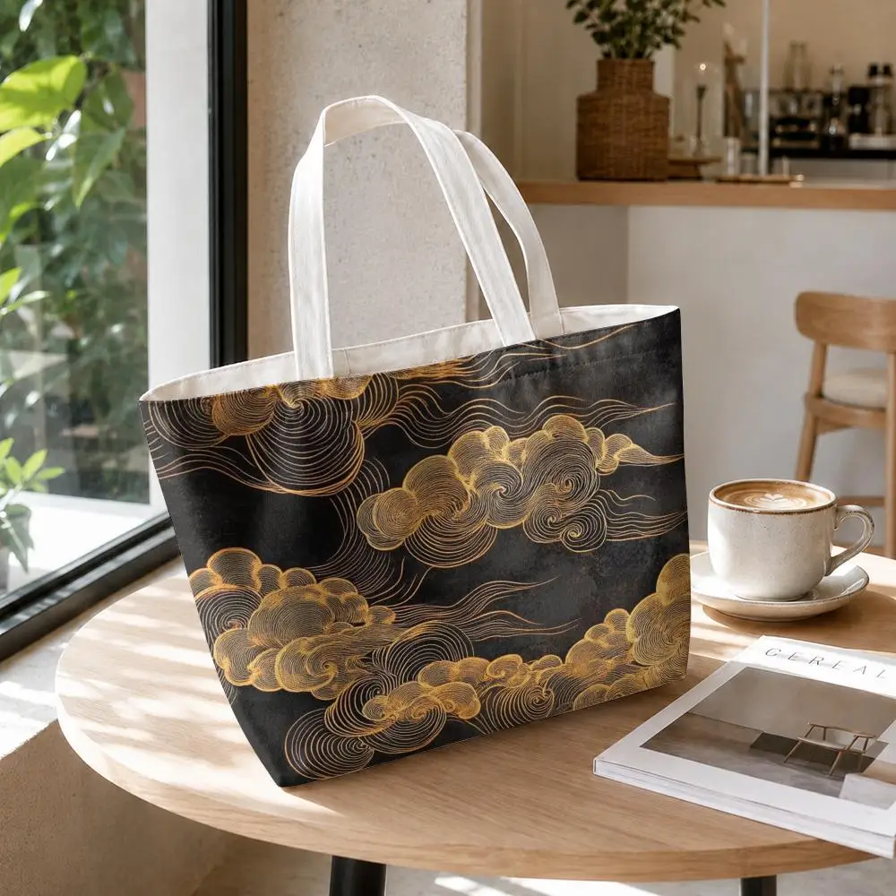 Chinese Auspicious Clouds Storage Bags 2-Piece Set Double-Sided Printed Canvas Tote Bags with Zipper Shopping Shoulder Handbags