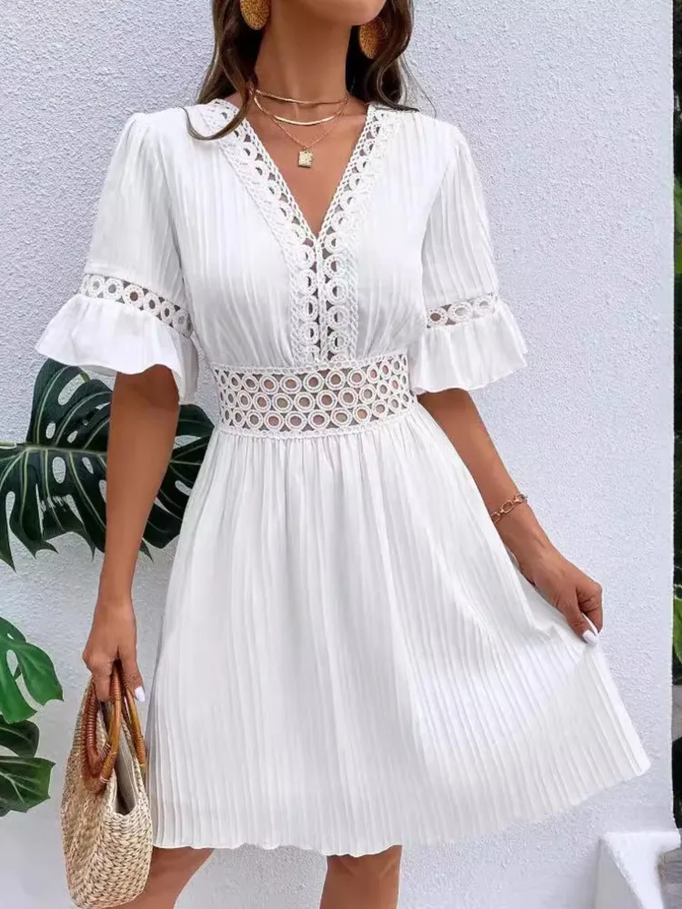 Women Elegant White Midi Dresses New Summer Lace Patchwork Casual Fashion Sexy V Neck Waistband Solid Tunic Party Dress Vacation