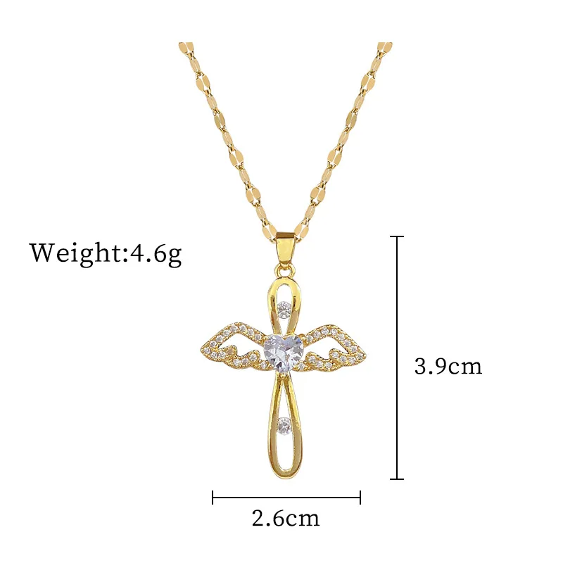 Luxury Zircon Angel Wing Cross Pendant Choker Necklace for Women Men Stainless Steel Chain Jewelry Accessories Gifts for Friends