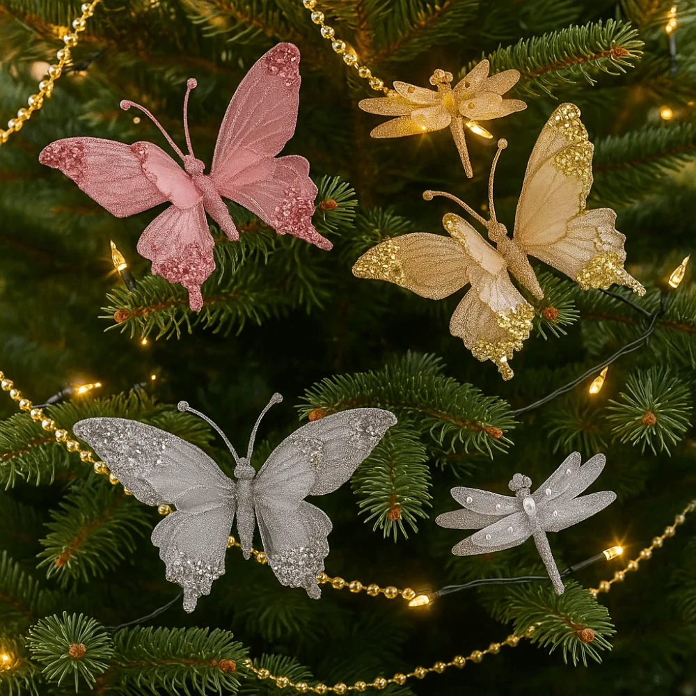 Ornamento scintillante di farfalle natalizie con clip Decorazione da appendere con libellula colorata Decorazioni per l'albero di Natale glitterate