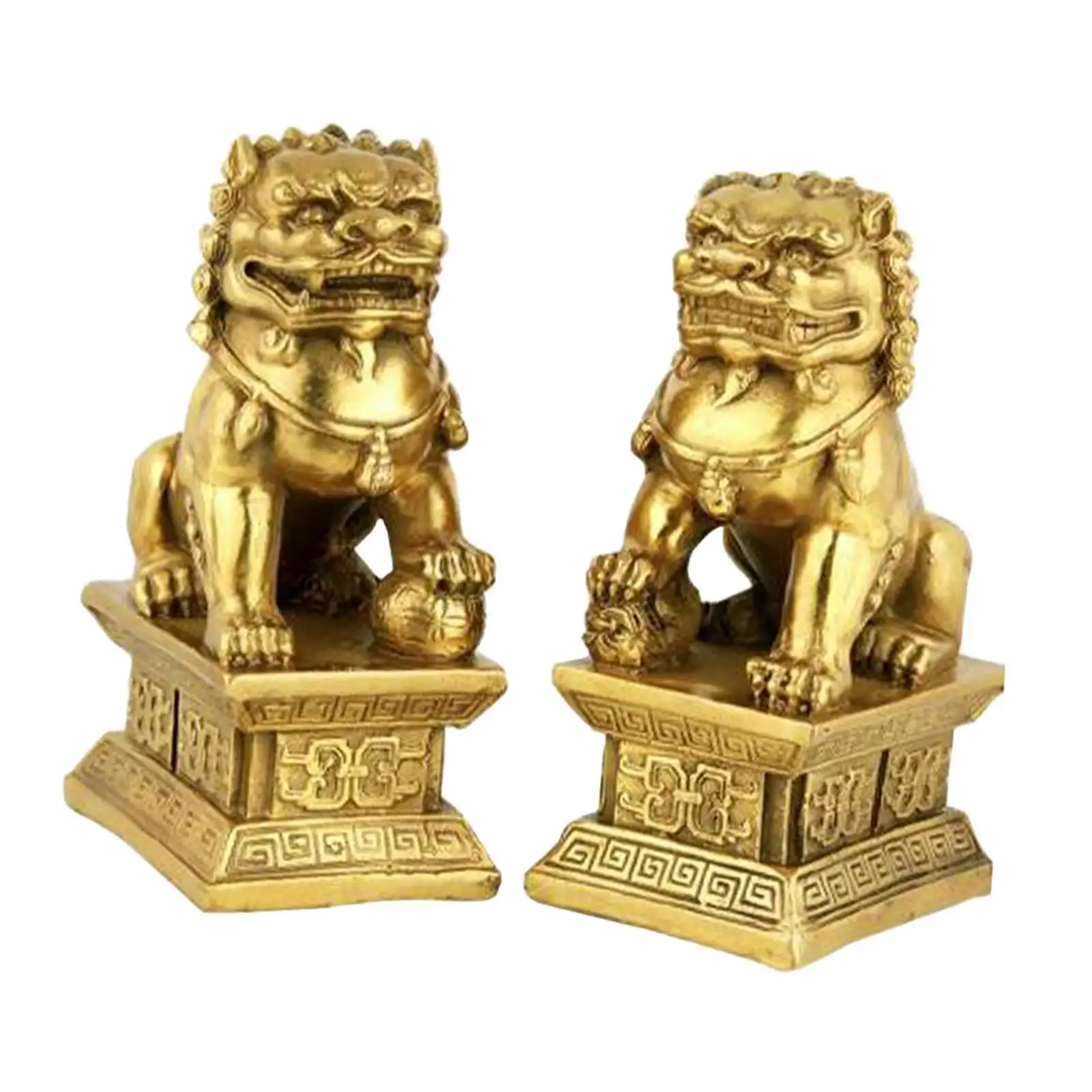 Set of 2 Fu Dog Lion Figurines for Desk Display Handcrafted Gift Polyresin