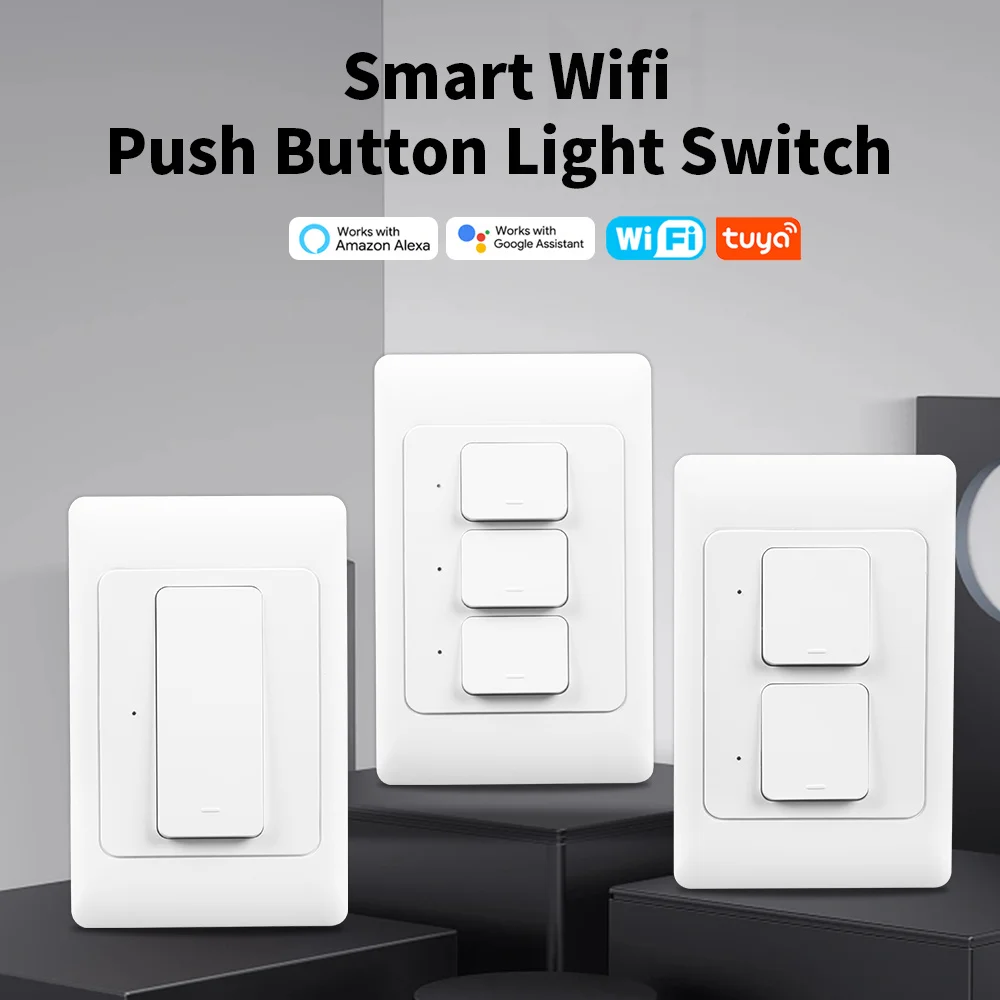 Tuya Light Switch WiFi Smart Wall Push Button Interruptor Switches 1/2/3Gang Physical Lamp Switch Neutral Wire Optional Timer