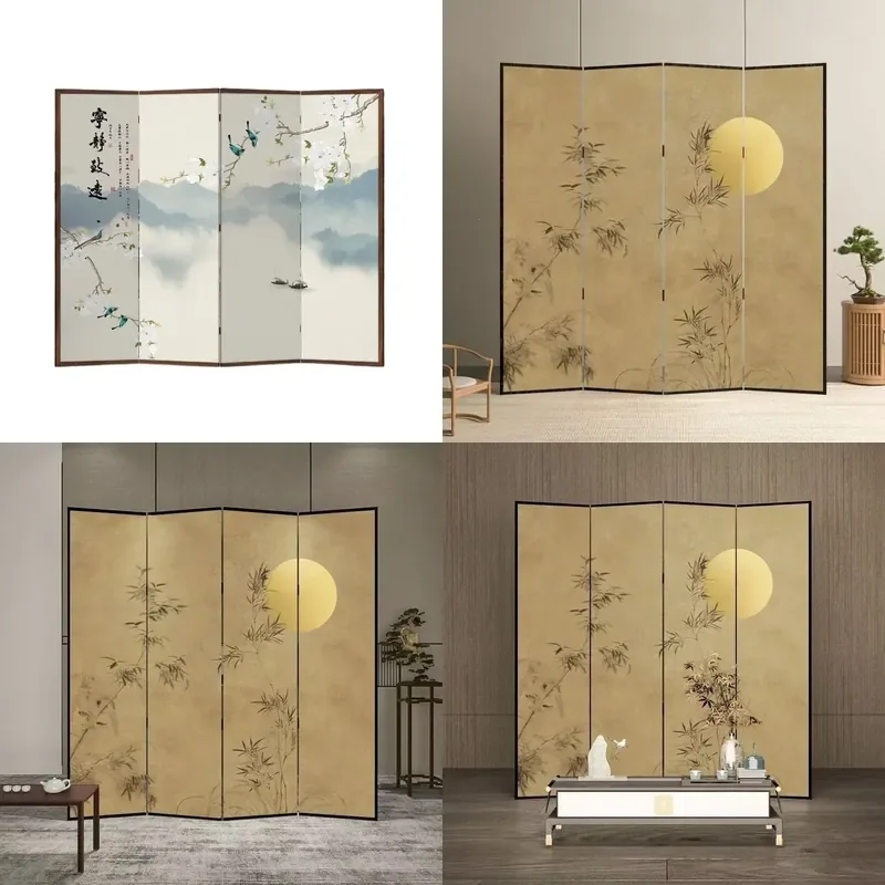 New Chinese Bamboo Room Divider Double Sided Folding Screen Portable Partition for Living Room Entrance Tea House Decor