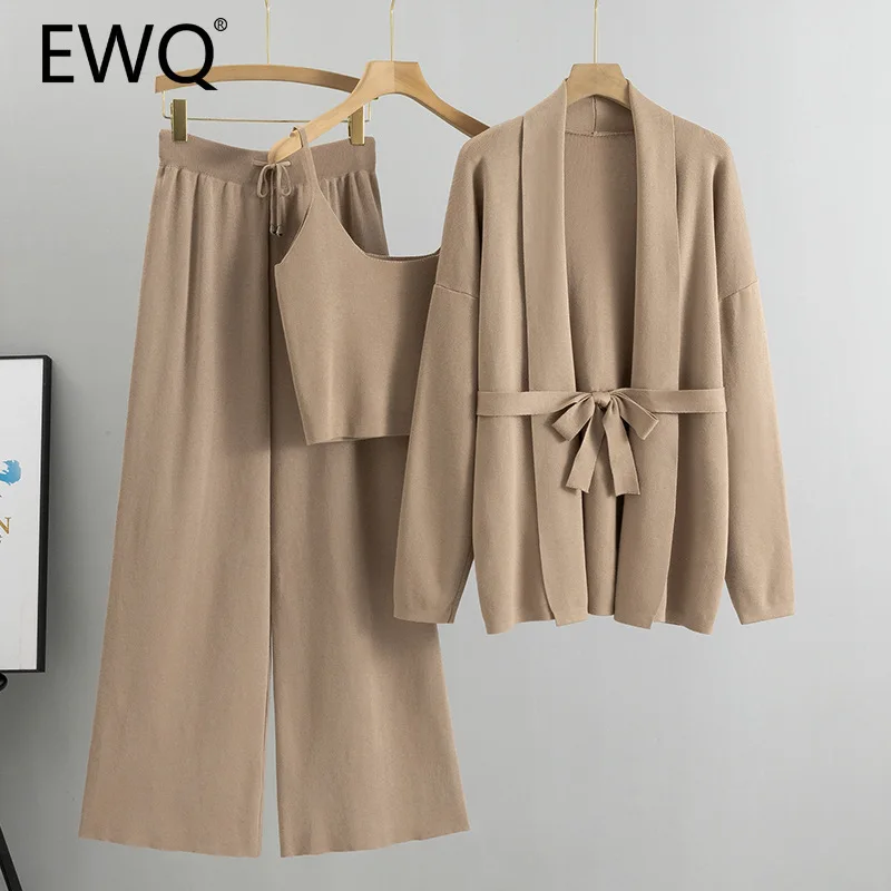 

EWQ Casual Loose Knitted 3 Piece Set Women 2024 Autumn New Strapless Vest＋Long Sleeve Bet Coat＋Drawstring High Waist Pant 27X888