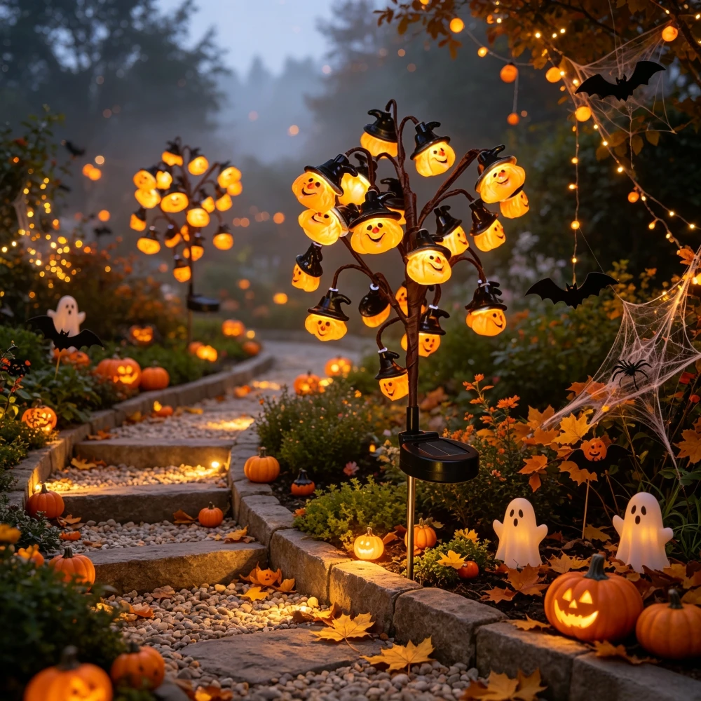 1PC 20LED Halloween Solar Pumpkin Witch Hat Ground Stake Lights, Waterproof  Outdoor Light for Garden Yard Holiday Decoration