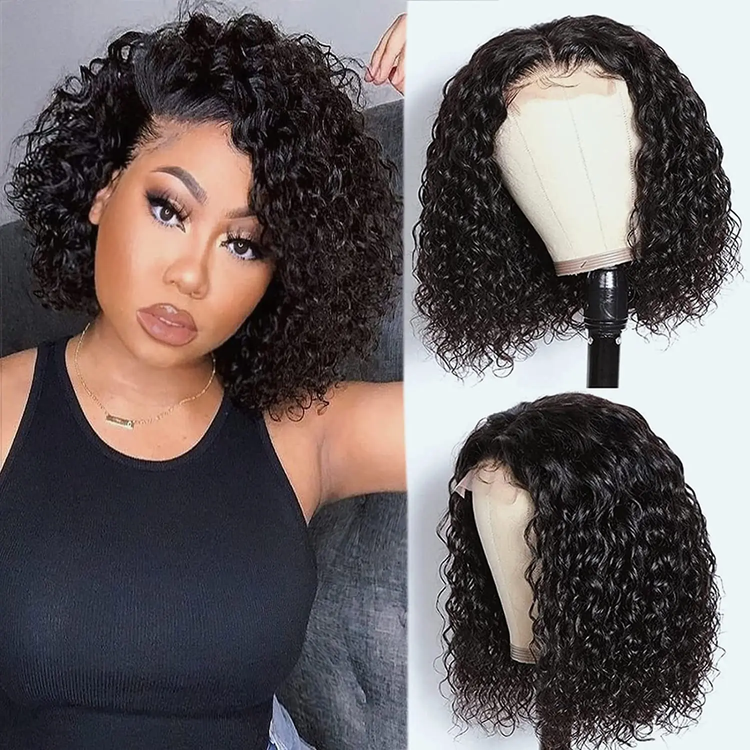 

Water Wave Lace Bob Wig Short Curly Lace Synthetic Wigs For Black Women Natural Black Heat Resistant Hair Daily Use 10 12inch