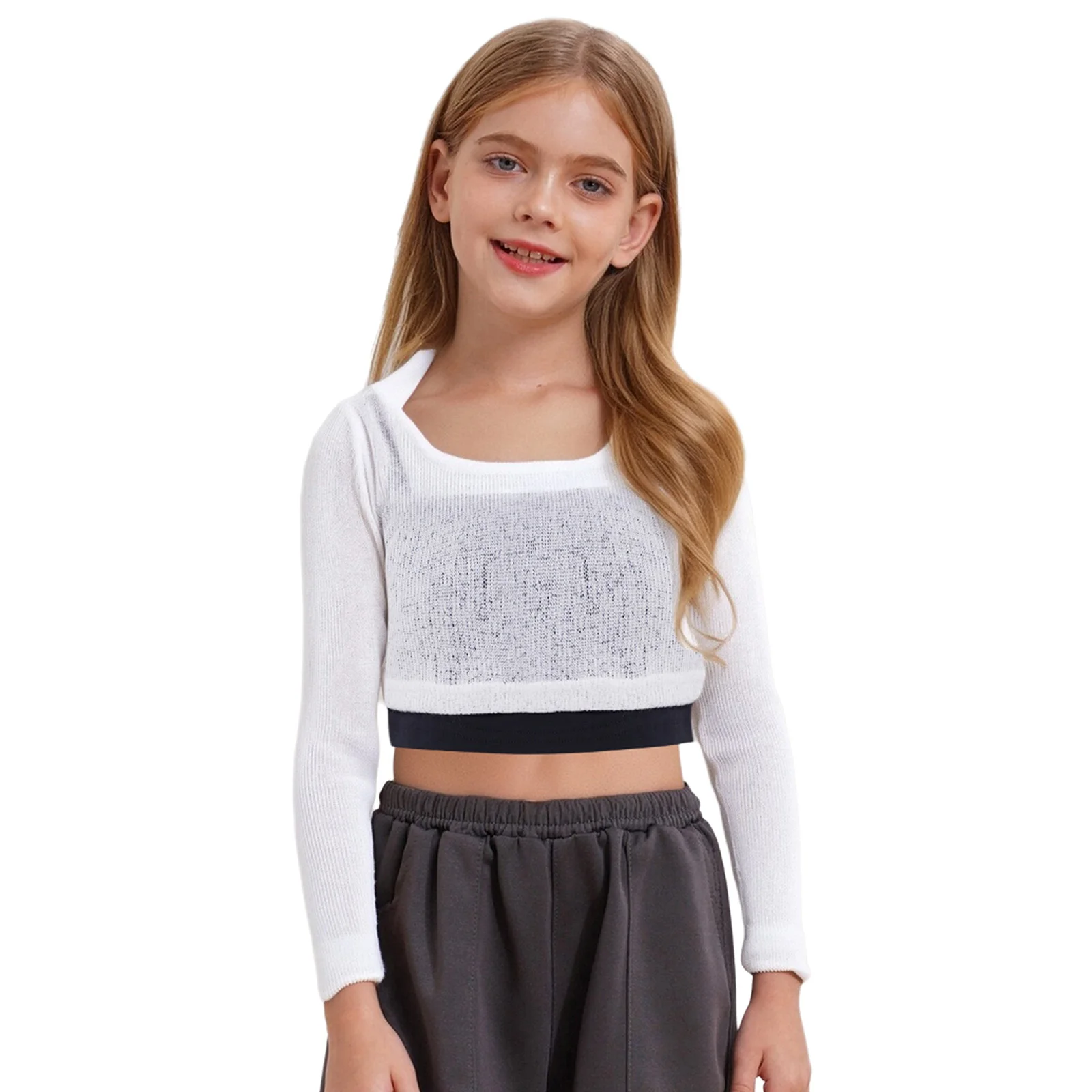 Completi da ballo jazz hip-hop per bambina 2 pezzi Top corto con cappuccio trasparente a maniche lunghe in cotone con spalline per spaghetti Canotta